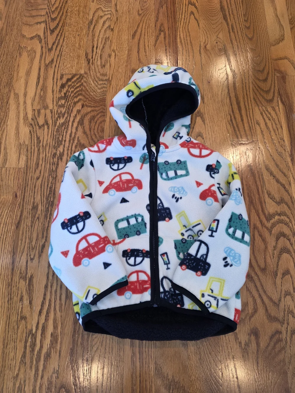 Kids Hooded Fleece Jacket in White with Multi-Color Car Print
